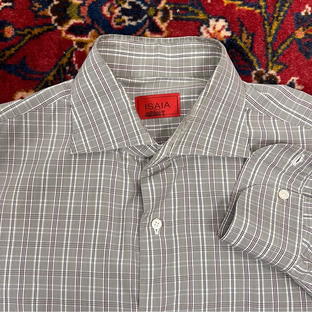 Isaia Napoli Dress Shirt – Gray & Burgundy Plaid – Size 40 (M/L)